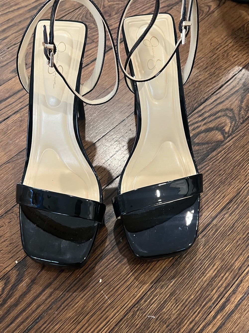 Jessica Simpson Black Patent Square-Toe Ankle Strap Heels